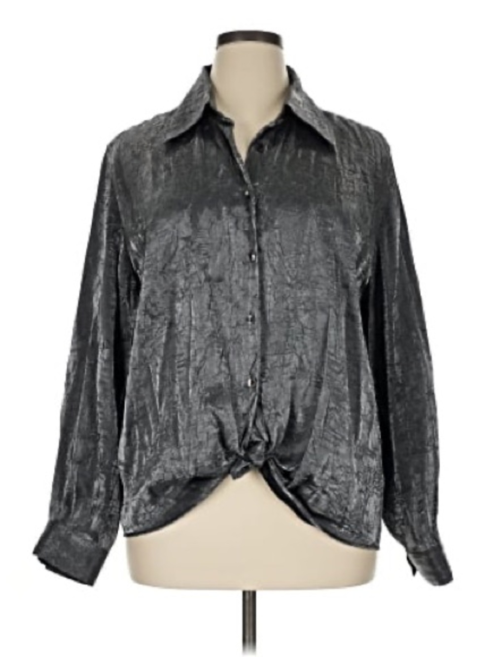 Metallic Gray Button-Front Knot Shirt - Women